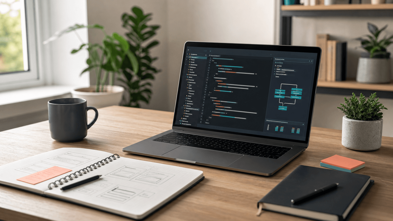 A clean software studio workspace with a laptop and product sketches
